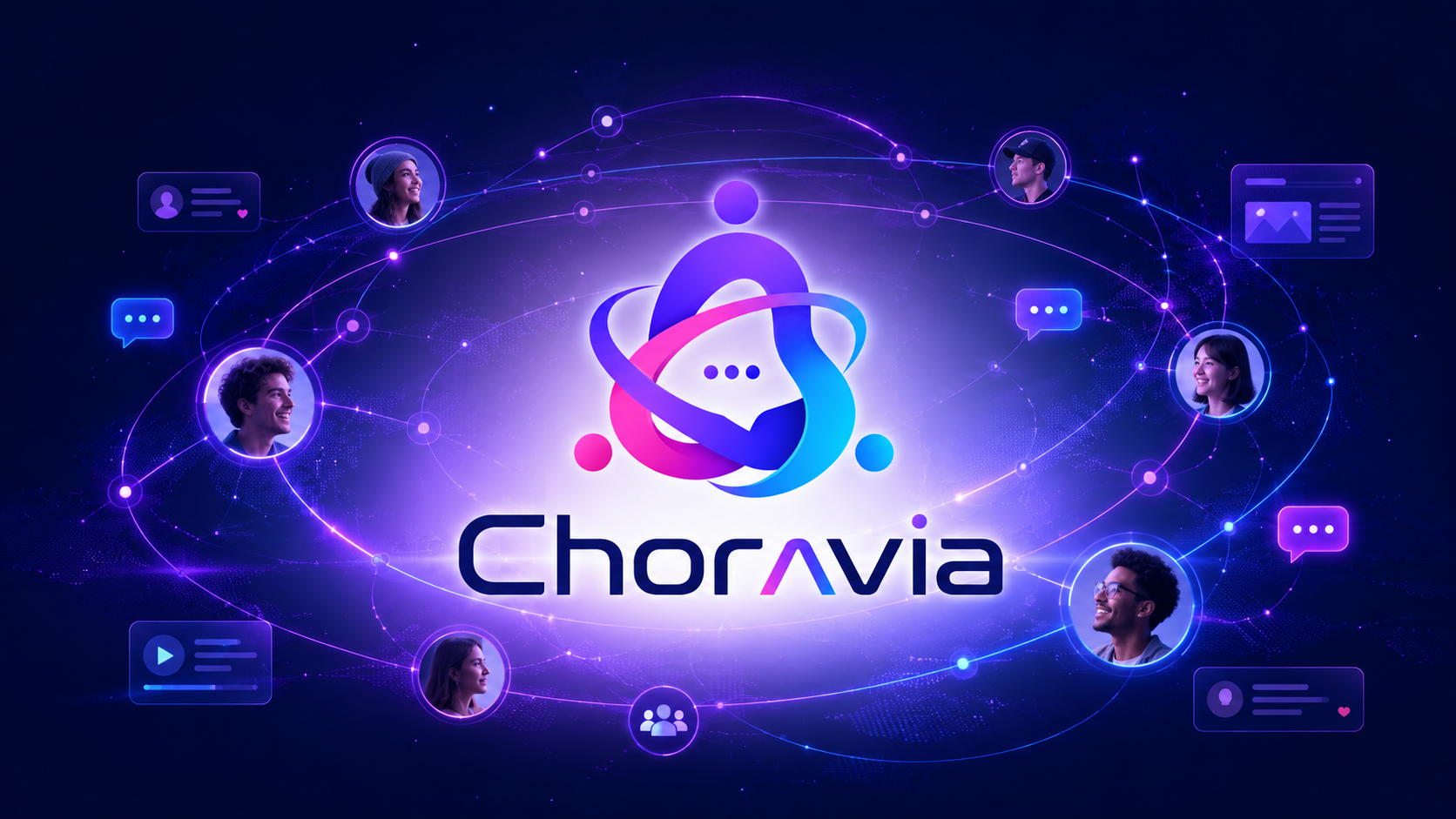 Futuristic social network orbit graphic with the Choravia logo